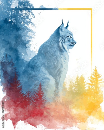 Majestic lynx watercolor illustration, artistic forest predator portrait with colorful paint splashes and pine trees