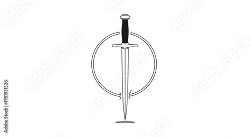 Dagger with circular metal emblem.