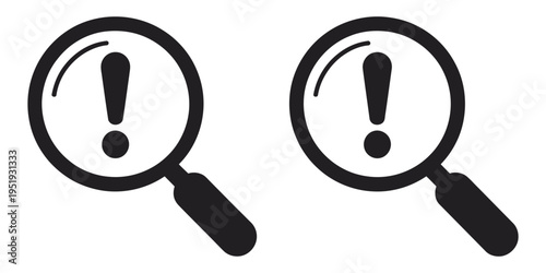 Exclamation magnifying glass icon, symbol for alert investigation, warning search, issue detection, and problem analysis concept vector