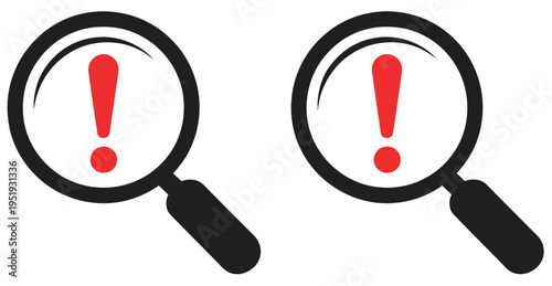 Magnifying glass with exclamation mark icon, investigation and attention symbol, error detection, caution review, and alert search vector