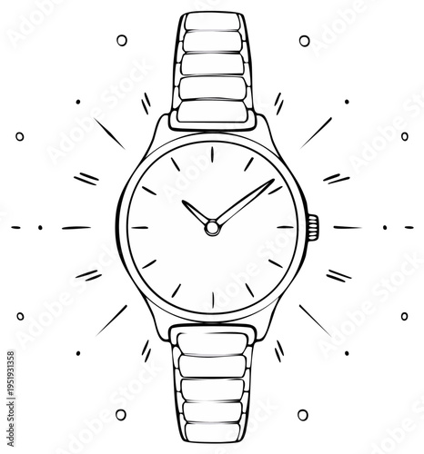 Elegant wristwatch illustration showing time with shining rays, a graphic depiction suitable for various design uses.
