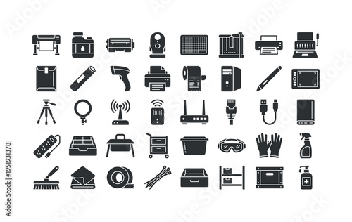 Photo lab equipment featuring large format printer, ink tank container, toner cartridge module, color calibration device, cutting