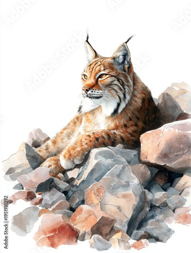 Majestic Eurasian lynx relaxing on rocks, detailed watercolor painting
