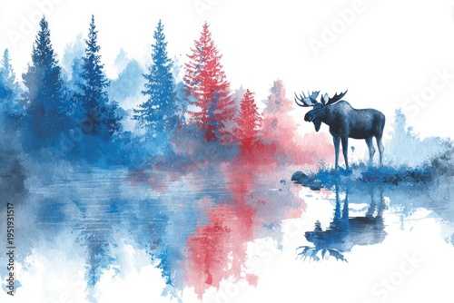 Watercolor illustration of a moose standing by a scenic lake with red and blue forest reflections on white background