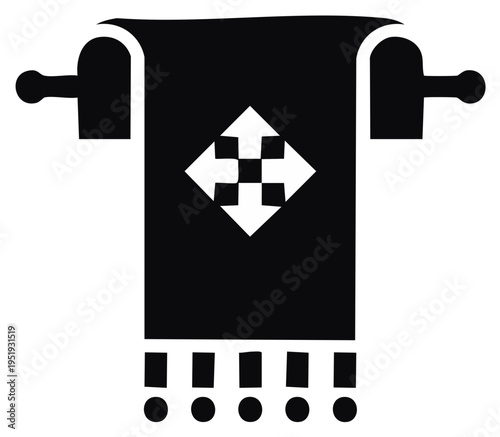 Stylized black silhouette of a decorative scroll or tapestry featuring a central arrow pattern and fringe detail.