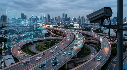 futuristic highway with smart traffic surveillance system and digital interface in cityscape