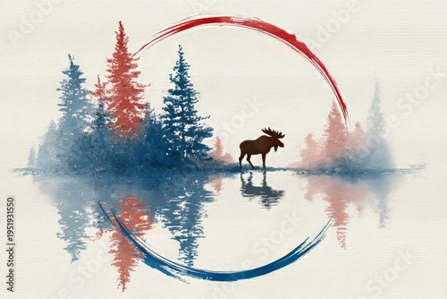 Watercolor moose silhouette in forest lake with reflections, brushstroke art