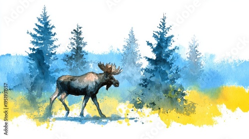 Watercolor moose in a forest scene with abstract blue and yellow background