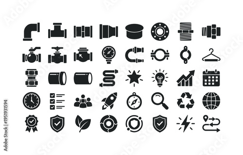 Plumbing and fittings concepts showing elbow fitting icon, T-joint fitting icon, straight coupling icon, reducer fitting icon, end