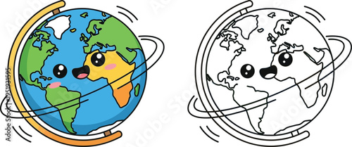 Cute Kawaii Globe Earth Character Spinning on Stand Cartoon Illustration