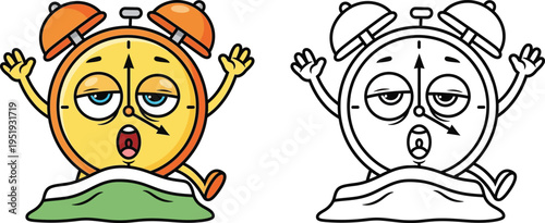 Yawning Sleepy Alarm Clock Cartoon Character Waking Up Under a Blanket