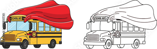 Superhero School Bus IllustrationSuperhero School Bus Illustration and Coloring Page Vector - Fun Back to School Concept for Kids Education and Transport Hero Character Design