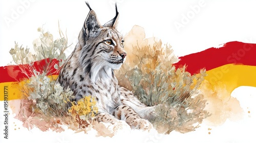 Watercolor illustration of an Iberian lynx lying in the bushes with a stylized Spanish flag background