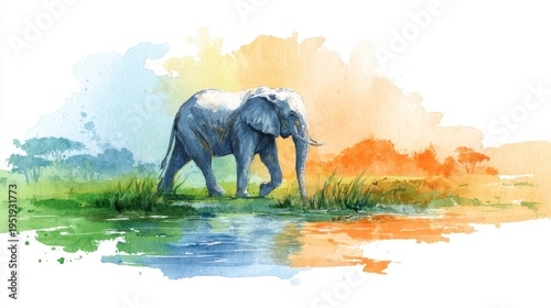 Majestic African elephant walking by serene savanna river in vivid watercolor.