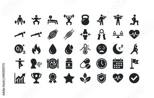 Powerlifting and strength performance symbols showing deadlift pose figure, squat pose figure, bench press pose figure, barbell