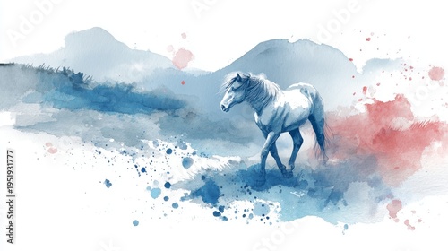 Artistic watercolor painting of a wild horse walking through mountain landscape with blue and red ink splashes