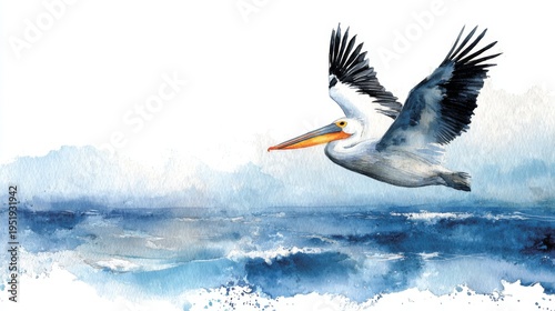 Watercolor painting of a pelican flying gracefully over blue ocean waves