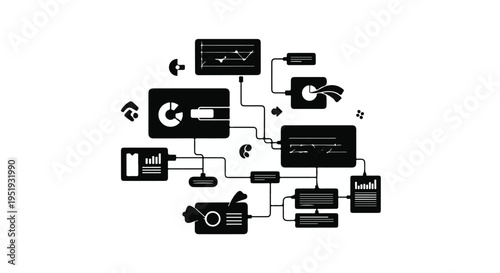Minimalist Diagram of Connected Business Modules and Data Charts