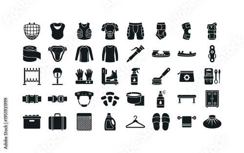 Professional rink protection accessories featuring face cage mask, throat protector bib, rib protector vest, padded compression