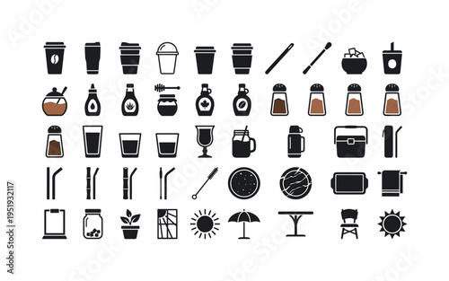 Refreshing summer coffee bar serving setup including cafГ© counter cup, insulated travel tumbler, reusable takeaway cup, clear