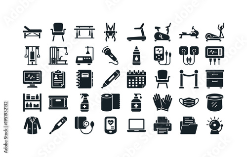 Rehabilitation clinic accessories featuring treatment table couch, therapy chair seat, parallel walking bars, gait training