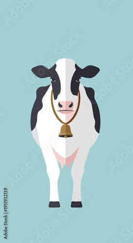 Cow with bell around neck standing.