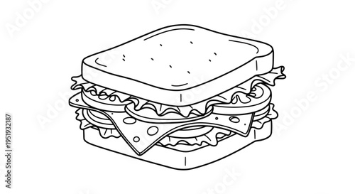 Outline Drawing of a Prepared Lunch Sandwich with Lettuce and Cheese Perfect for a Menu Design or Kids Coloring Activity Featuring Detailed Line Artwork and Clear Presentation Style Visual Treat