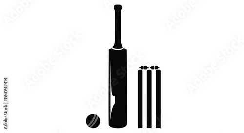 A black silhouette of a cricket bat ball and wickets on a white background