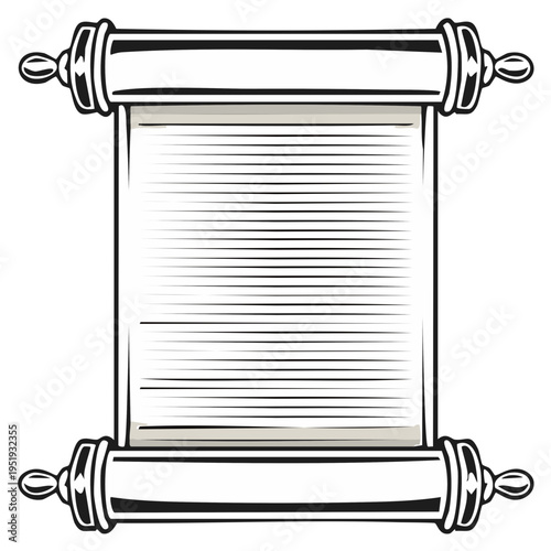 Scroll illustration, unrolled blank paper with black lines, ancient history concept
