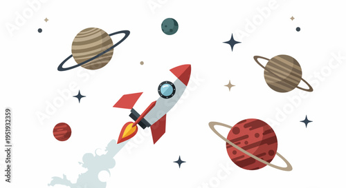 Creative representation of a rocket ship amidst planetary bodies and celestial stars suitable for children s educational materials and astronomical themes with a bright and cheerful aesthetic