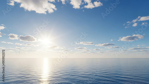 A serene ocean scene with a bright sun shining in the sky