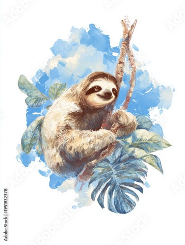 Watercolor illustration of a cute sloth sitting on a tree branch with tropical leaves and artistic blue paint splashes.