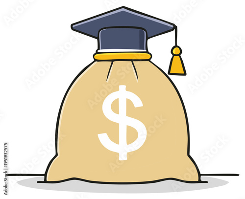 Graduation Cap on Money Bag with Dollar Symbol