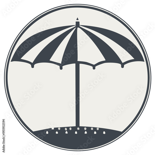 Vintage style beach umbrella logo with a striped canopy in a minimalist circular emblem