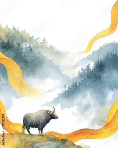 Gaur on mountain with misty forest and flowing golden ribbons