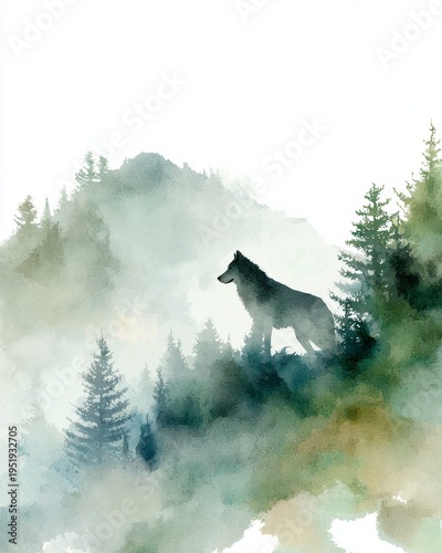 Watercolor painting of a lone wolf standing on a misty mountain slope with evergreen forest and morning fog
