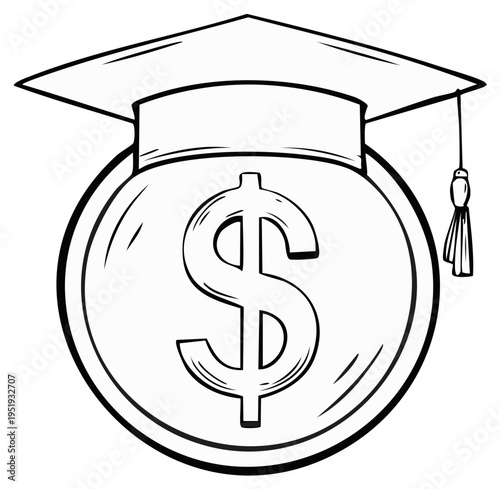 Conceptual illustration of graduation cap over a dollar symbol, financial education.