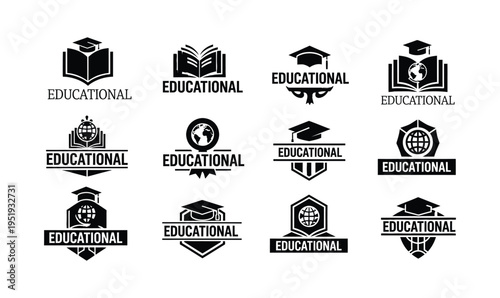 Educational School Logo Vector Set with Graduation Cap and Open Book for University Branding