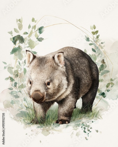 Watercolor illustration of a cute Australian wombat with green eucalyptus leaves and a golden frame.