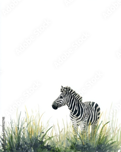 Wild Zebra Standing in Vibrant Green Grass Against White
