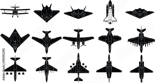 Aircraft silhouettes collection featuring military jets, bombers, biplane, and space shuttle, aviation history illustration showing diverse designs, wings, tails, engines