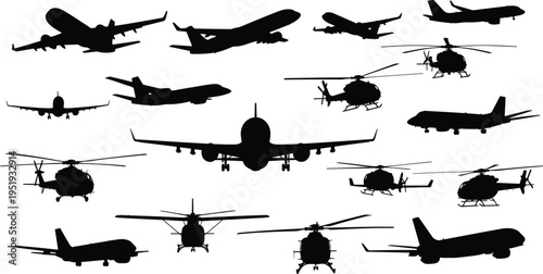 Aircraft silhouettes with airplanes and helicopters, commercial jets, small planes, vector illustration for design, artwork, aviation themes