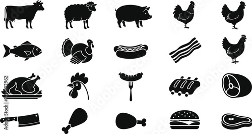 Animal and meat silhouettes with cow, pig, chicken, fish, sausage, steak, vector illustration for design, artwork, culinary themes
