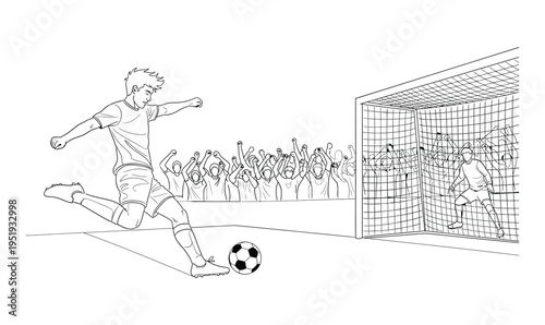 Soccer Player Kicking Ball Line Art Vector with Goal and Goalkeeper for Sports Coloring Page