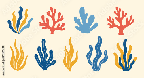 Stylized seaweeds in varying shades of yellow, red, and blue are playfully depicted, suggesting an inviting aquatic ecosystem and lending a whimsical aesthetic to any artistic project or design