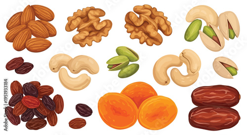 A vibrant assortment of nuts and dried fruits on a clean white background