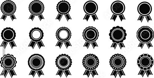 Award ribbon silhouettes with circular medallions, scalloped edges, dotted borders, vector illustration for design, artwork, recognition themes