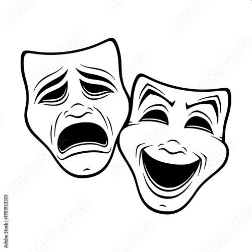 Minimal black silhouette icon of two theatre masks, comedy and tragedy, overlapping faces with happy and sad expressions, flat vector design, isolated on white background