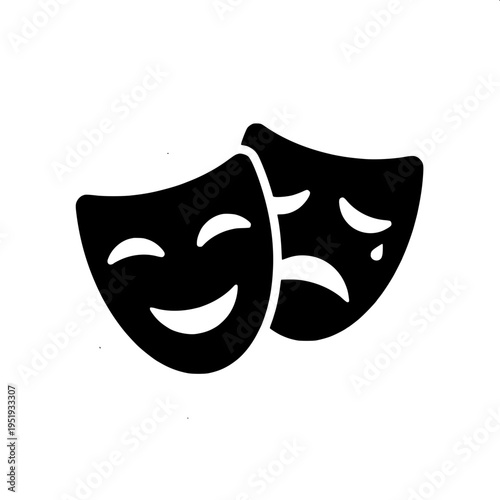 Minimal black silhouette icon of two theatre masks, comedy and tragedy, overlapping faces with happy and sad expressions, flat vector design, isolated on white background
