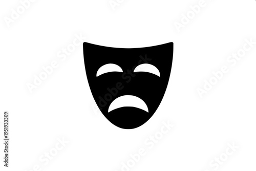 Minimal black silhouette icon of two theatre masks, comedy and tragedy, overlapping faces with happy and sad expressions, flat vector design, isolated on white background